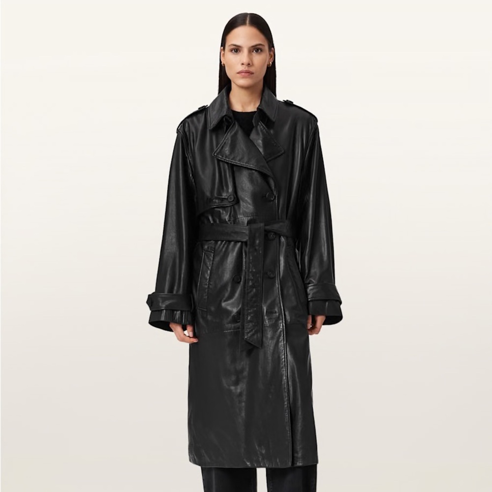 Black Leather Trench Coat with Belt